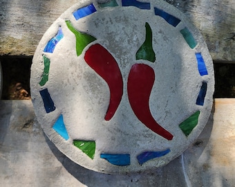 Peppers Stepping Stone, 14", Solid Concrete, Stained Glass Inlay, Fun and Functional!  Hand Made In My Garage!