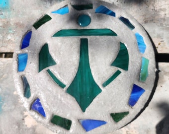 Anchor Stepping Stone, 14", Solid Concrete, Stained Glass Inlay, Fun and Functional!  The stone pictured is the stone you will receive.