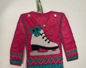 Handmade Felt Ugly Christmas Sweater Ornament: Ice Skate Gift