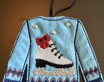Handmade Felt Ugly Christmas Sweater Ornament: Ice Skate Gift