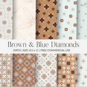 Papier à motifs diamant brun et bleu / 10pcs / 8.5x11 / Utilisation commerciale gratuite / Feuille de collage numérique / Papier Scrapbook vintage imprimable