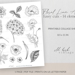 Floral Line Art Printable Fussy Cuts / Printable Floral Line Art Stickers / Digital Botanical Collage Sheet / Junk Journal Ephemera/