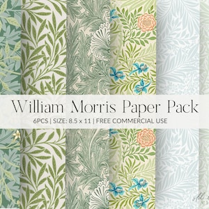 Pacchetto di carta William Morris, stampabile / 6 pezzi / 8,5 x 11 pollici / Pacchetto di carta artigianale digitale / Carta per scrapbooking vintage / Carta per diario spazzatura