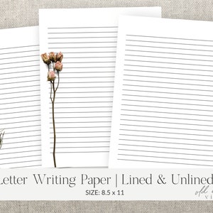 Realistic Dried Flowers, Printable Stationer / 8.5x11 / Lined, Unlined, Vintage Letter Writing Paper / Printable Stationery Paper