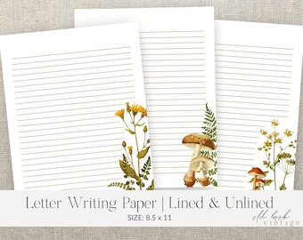 Vintage Fall Printable Stationery / 8.5x11 / Lined, Unlined, Vintage Letter Writing Paper / Printable Autumn Stationery Paper / Florals