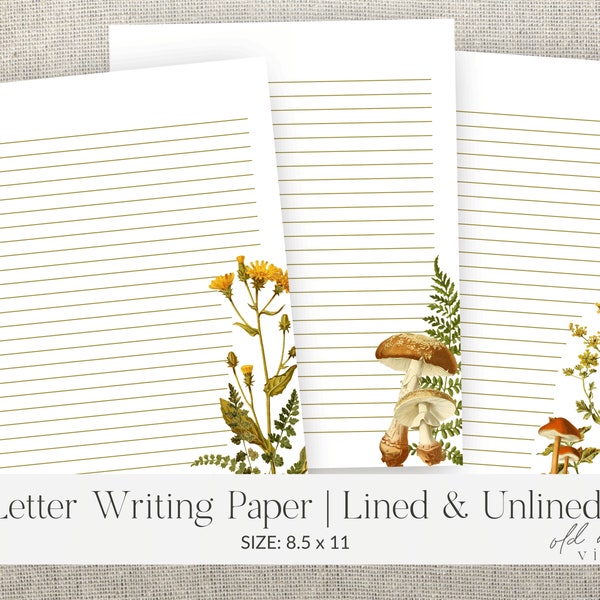 vintage Fall Printable Stationery / 8.5x11 / Lined, Unlined, vintage Letter Writing Paper / Printable Autumn Papeterie Paper / Florals