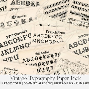 Vintage Typografie Papier Pack, Printable, 14 Stück / Digital Paper Pack / PDF / 8,5 x 11 in / Junk Journal Kit / Instant Download