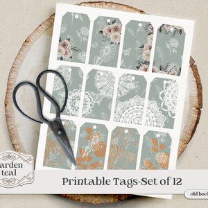 Garden Teal Printable Vintage Tags, 3x1.75in, Digital Junk Journal Kit, Vintage Botanical Floral Ephemera, Journaling Supplies,