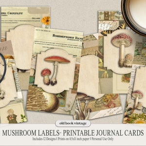 Mushroom Labels Printable Journal Cards, Vintage Ephemera, Fall Autumn Junk Journal, Digital Collage, Journaling Cards 12 pcs,  2.5x4.25in