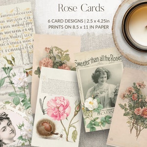 Vintage Rose Ephemera Cards / 6pcs / 2.5x4.25in / Printable Vintage Ephemera / Digital Collage Sheet / Junk Journal / Card Making