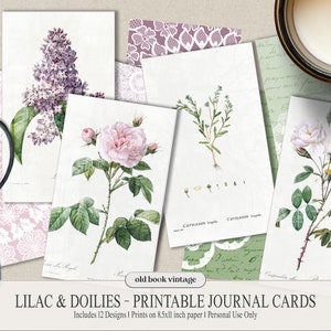 Vintage Lilac & Doilies Printable Journal Cards, Vintage Ephemera, Junk Journal, Digital Collage, ATC, Journaling Cards 12 pcs,  2.5x4.25in