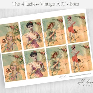 As 4 senhoras, cartões ATC vintage imprimíveis / lixo diário coisas efêmeras / folha de colagem digital / cartões vintage para meninas / etiquetas vintage