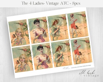 The 4 Ladies, Printable Vintage ATC Cards / Junk Journal Ephemera / Digital Collage Sheet / Vintage Girls Cards / Vintage Tags