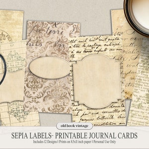 Sepia Labels Printable Journal Cards, Vintage Ephemera, Vintage Labels Junk Journal, Digital Collage, Journaling Cards 12 pcs,  2.5x4.25in
