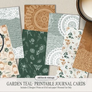 Garden Teal Printable Journal Cards, Vintage Floral Ephemera, Botanical Junk Journal, Digital Collage, Journaling Cards 12 pcs,  2.5x4.25in