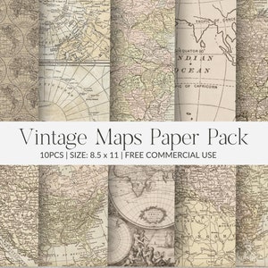 Pakiet papieru Vintage Map, do druku / 10 szt. / 8,5 x 11 cali / Papiery do rękodzieła / Pakiet papieru cyfrowego / Papier do scrapbookingu w stylu vintage / Papier do dziennika śmieci