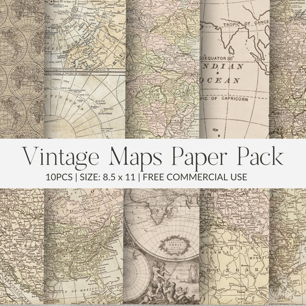 Vintage Map Paper Pack, Printable / 10pcs / 8.5 x 11in / Craft Papers / Digital Paper Pack / Vintage Scrapbooking Paper / Junk Journal Paper