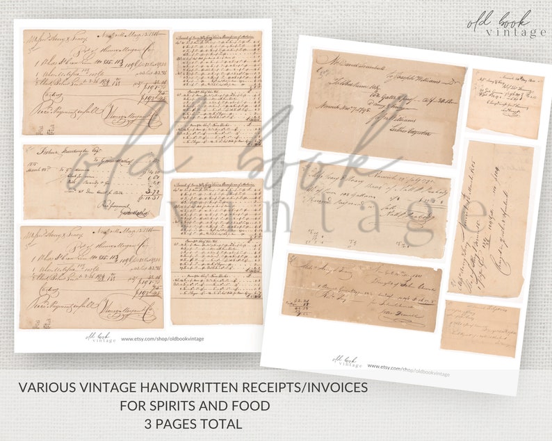 vintage handwritten receipts invoices 10pcs printable