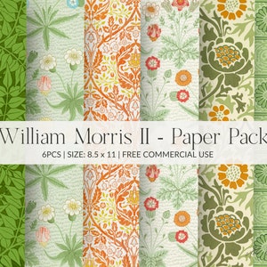 William Morris II Paper Pack, Printable / 6 pcs / 8.5 x 11in / Digital Craft Paper Pack / Vintage Scrapbooking Paper / Junk Journal Paper