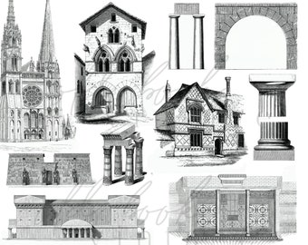 Vintage Black & White Architecture Illustrations / 10pcs/ Printable Vintage Ephemera / Digital Collage Sheet / Junk Journal Supplies