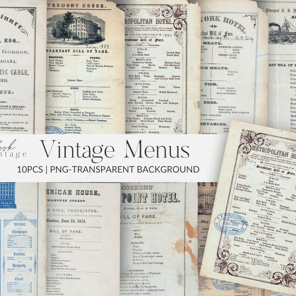 Printable Vintage Restaurant Menus / 10 pcs / PNG / Vintage Ephemera / Vintage Scrapbooking Paper / Junk Journal Paper