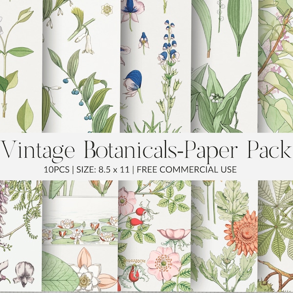 Vintage Botanical, Printable Paper Pack / 10pcs / 8.5x11 / Free Commercial Use / Digital Collage Sheet / Printable Vintage Scrapbook Paper