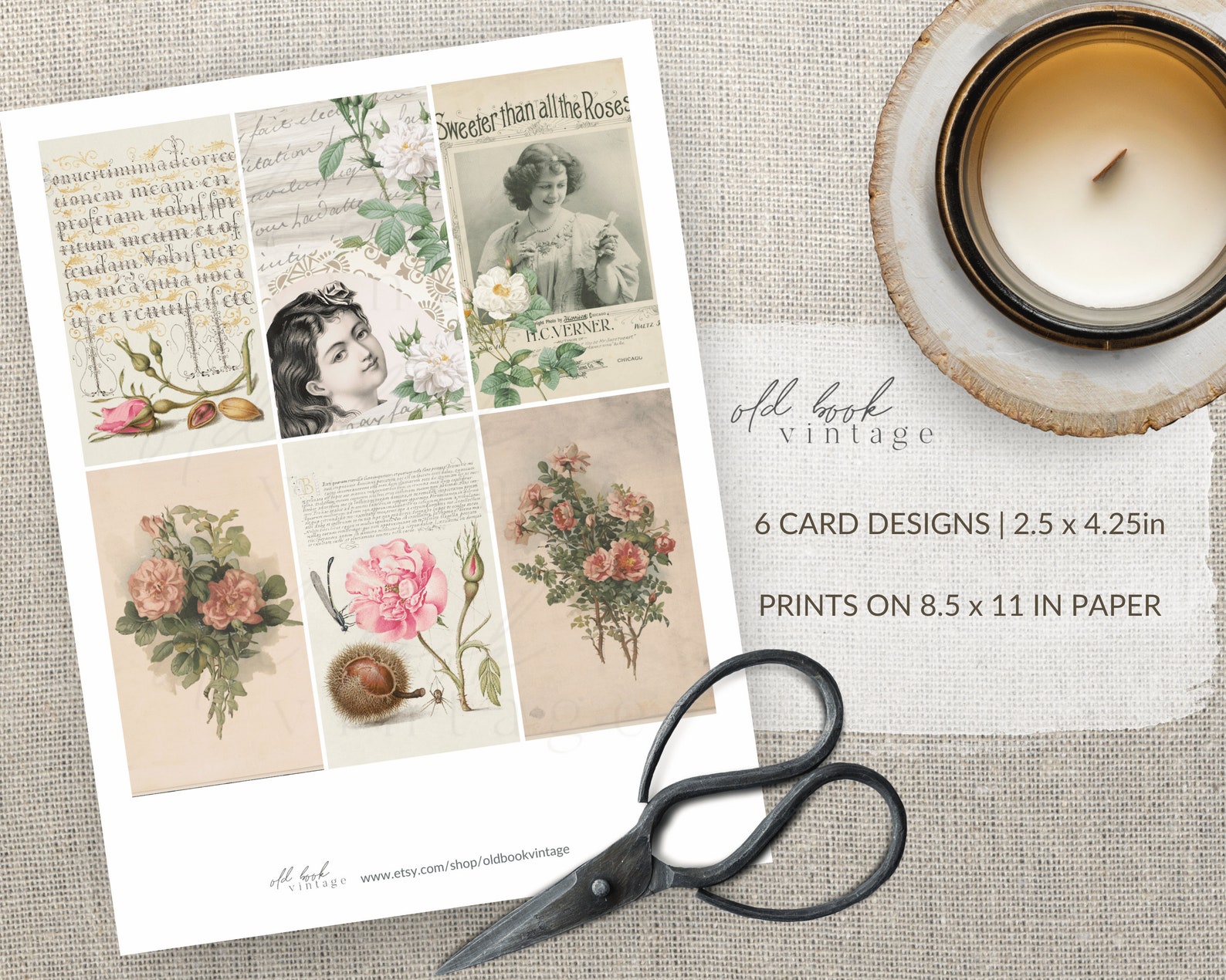 Vintage Rose Ephemera Cards / 6pcs / 2.5x4.25in / Printable Etsy