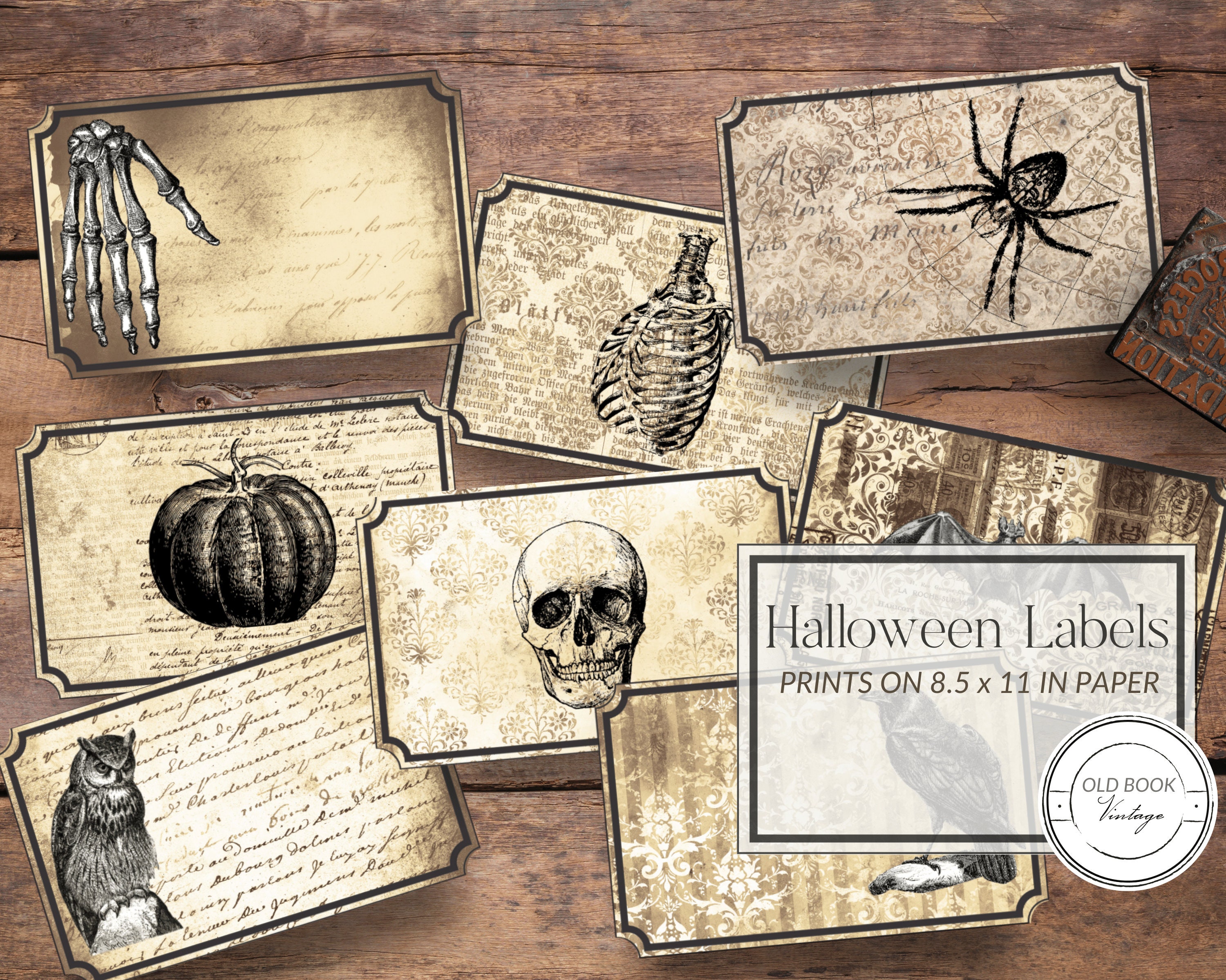 Printable Vintage Halloween Labels / Halloween Sepia Grunge Tags / Junk