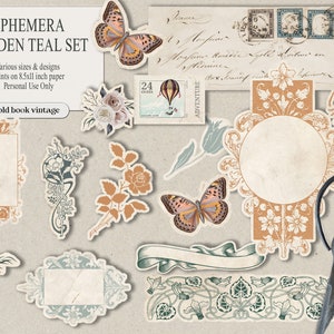 Garden Teal Printable Vintage Fussy Cuts, Flower Ephemera, Digital Junk Journal Supplies, Botanical Floral Embellishments