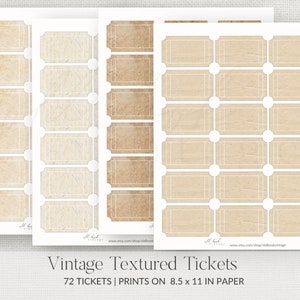 Vintage Textured Tickets / 72pcs / Printable Vintage Collage Sheet / Vintage Ephemera / Junk Journal Ephemera, Supplies / Textured Paper