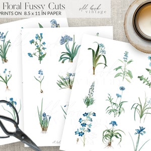 Blue Floral Printable Fussy Cuts, Vintage / Digital Botanical Collage Sheet / Printable Stickers / Junk Journal Embellishments / Ephemera