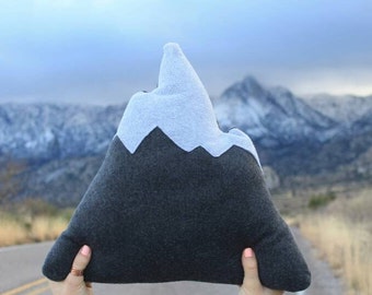 Dark Grey Mountain Pillow, Snowy Mount Rainier Home Decor, Nursery, Adventure, Soft Mountains, Mountains, Kids Toy, Play