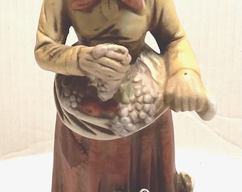 Vintage Homco Elderly Woman with Fruit and Dog Figurine 7.5" Tall Ceramic Figure Made in Taiwan 1980s Home Decor