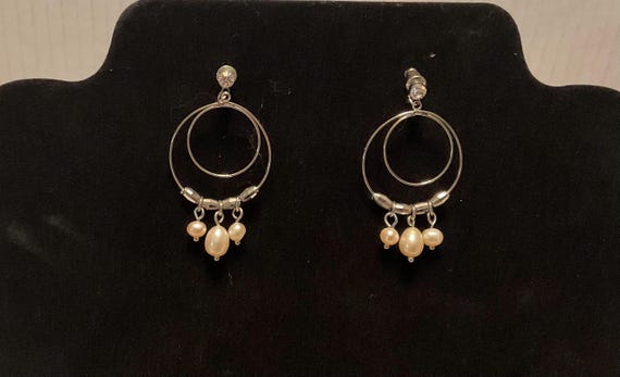 Elegant Vintage Rhinestone & Pearl Dangle Hoop Ea… - image 1