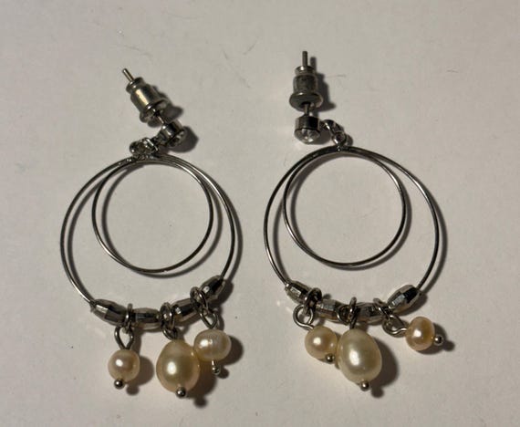 Elegant Vintage Rhinestone & Pearl Dangle Hoop Ea… - image 2