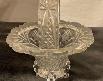 Vintage Valencia Genuine 24% Lead Crystal Footed Basket with Handle, Original Box, Stunning Cut Glass Design, 7" Tall
