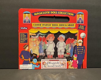 Vintage 2000 Raggedy Ann & Andy MagiCloth Doll Dress Shop Set with Magnetic Outfits – No Tabs, Made in USA by Schylling
