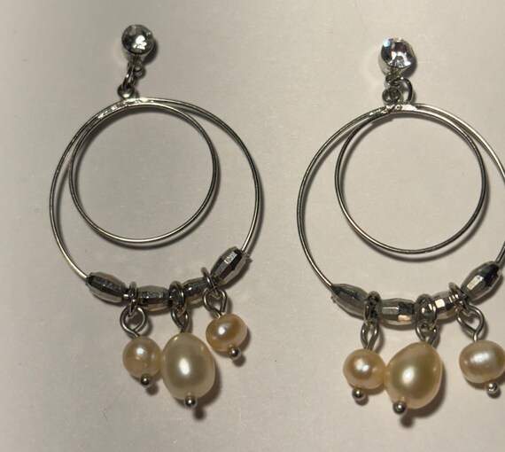Elegant Vintage Rhinestone & Pearl Dangle Hoop Ea… - image 3