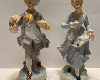 Vintage Hand Painted Porcelain Colonial Man and Woman Figurines Pair 8 Inch Tall Romantic European Style Decor