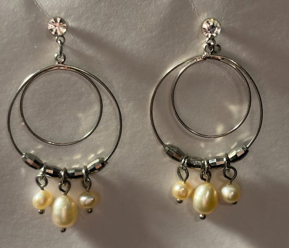 Elegant Vintage Rhinestone & Pearl Dangle Hoop Ea… - image 5