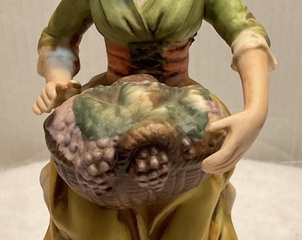 Charming Vintage Homco Porcelain Figurine, Girl with Basket of Grapes, 8.25" Tall, Collectible Hand-Painted Decoration