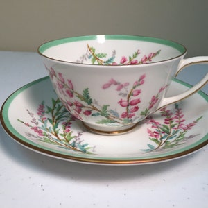 Vintage Royal Doulton Bell Heather Cup and Saucer Set - Fine Bone China - Floral Green Rim and Gold Trim - Made in England
