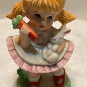 Vintage Homco Little Girl Figurine with Bunny and Carrot - 5” Tall - Adorable Hand-Painted Porcelain Collectible for Easter Decor