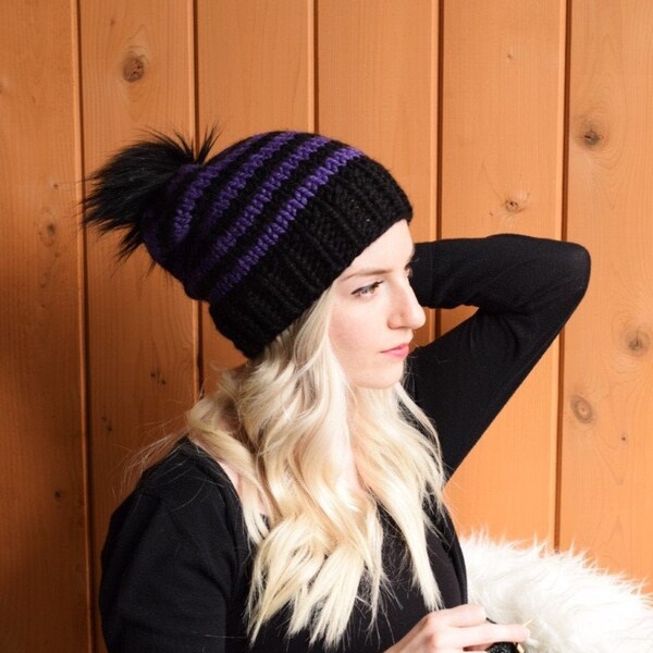adult hat | adult striped toque | purple and black hat | purple halloween hat | knit halloween hat | halloween beanie | halloween