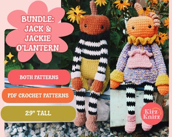ZESTAW Wzory szydełkowe na lampiony Jacka i Jackie O'Lantern, szydełkowe wzory na Halloween, wzory szydełkowe na dyniowego mężczyznę i dyniową dziewczynkę, upiorne szydełkowe wzory