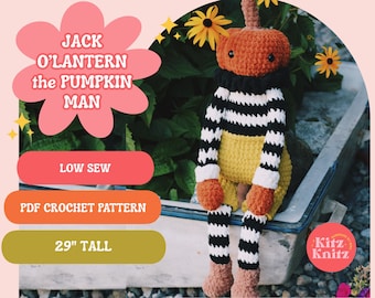 May include: A handmade crochet Jack O'Lantern doll with an orange pumpkin head, black and white striped body, and yellow skirt. The doll is 29 inches tall. The image includes the text "Jack O'Lantern the Pumpkin Man", "Low Sew", and "PDF Crochet Pattern".