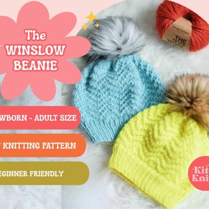 Puede incluir: Tres gorros de punto en azul claro, amarillo y gris, cada uno con un pompón de piel sintética. La imagen incluye una madeja de lana naranja y el texto "The Winslow Beanie", "Newborn - Adult Size" y "PDF Knitting Pattern".