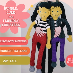 May include: Two large crochet monster dolls, 38 inches tall, featuring yellow skin, black hair, and stitched mouths. One wears a black and white striped shirt with red pants, the other a dark jacket with purple pants. Text reads BUNDLE: LURK THE FRIENDLY MONSTERS.