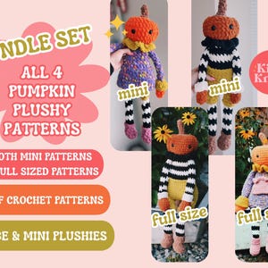 May include: A bundle set of four crochet pumpkin plush patterns featuring two mini and two full-sized designs. The text reads BUNDLE SET ALL 4 PUMPKIN PLUSHY PATTERNS, BOTH MINI PATTERNS & FULL SIZED PATTERNS, 4 PDF CROCHET PATTERNS, LARGE & MINI PLUSHIES.