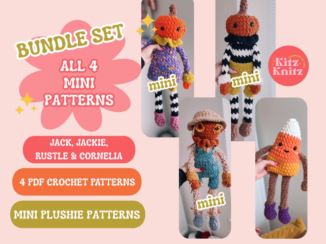MINI BUNDLE SET: Halloween Crochet Patterns, Mini Pumpkin Man, Mini Pumpkin Gal, Mini Rustle the Scarecrow, Mini Cornelia the Candy Corn - Etsy